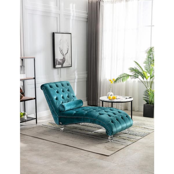 Unbranded Teal Velvet Upholstered Leisure Armless Button Tufted Concubine Chaise Lounge with 1 Bolster Throw Pillow Acrylic Foot