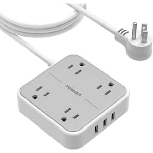 10 ft. 4 AC Outlets Flat Plug Power Strip with 3 USB Ports, Gray Extension Cord Wall Mount Outlet Extender