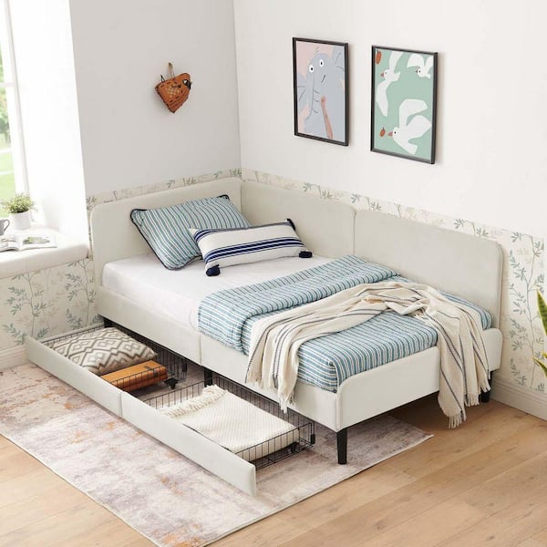 Beige Wood Frame Twin Size Upholstered Platform Bed with 2 Storage