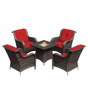 5-Piece 4-Seat Rattan Wicker Patio Conversation Set with Red Cushions and Fire Pit Table