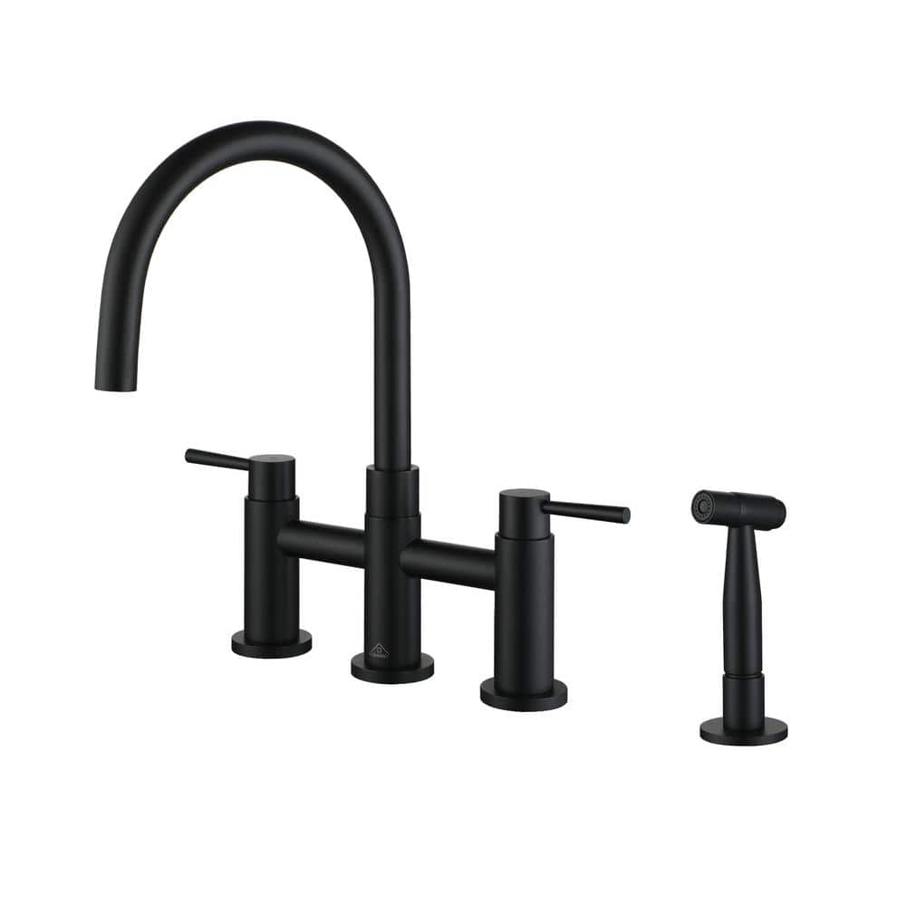 Boyel Living 3 Hole Double Handles Deck Mount Bridge Kitchen Faucet with Pull Down Sprayer and Side Sprayer in Matte Black