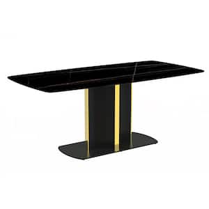 Sylva Modern Black/Gold Sintered Stone Tabletop 55.11 in. with Gold Pedestal Base Rectangular Dining Table 6 Seater