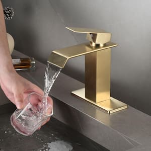 Waterfall Single Hole Single-Handle Low-Arc Bathroom Faucet in Brushed Gold