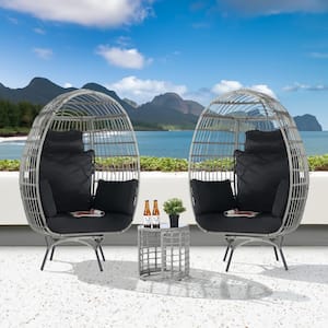 3-Piece Patio Wicker Swivel Lounge Outdoor Bistro Set with Side Table, Black Cushions