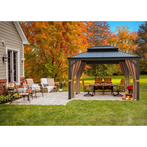 Tozey 10 ft. x 12 ft. Aluminum Outdoor Black Gazebo with Galvanized Steel Roof, Mosquito Netting and Curtains
