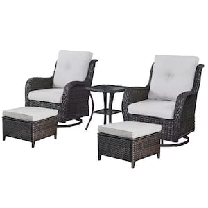 Brown 5-Piece Wicker Patio Conversation Deep Seating Set and Ottoman with Beige Cushions