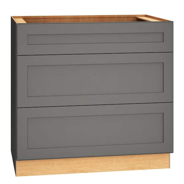 QuickShip Cottage 36 in. W x 24 in. D x 34.5 in. H Assembled Plywood Shaker 3-Drawer Base Kitchen Cabinet in Fossil