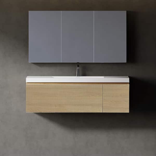 48 in. Wall-Mounted Bath Vanity Modern Floating Bathroom Vanity in Natural Oak with Glossy White Stone Resin Top