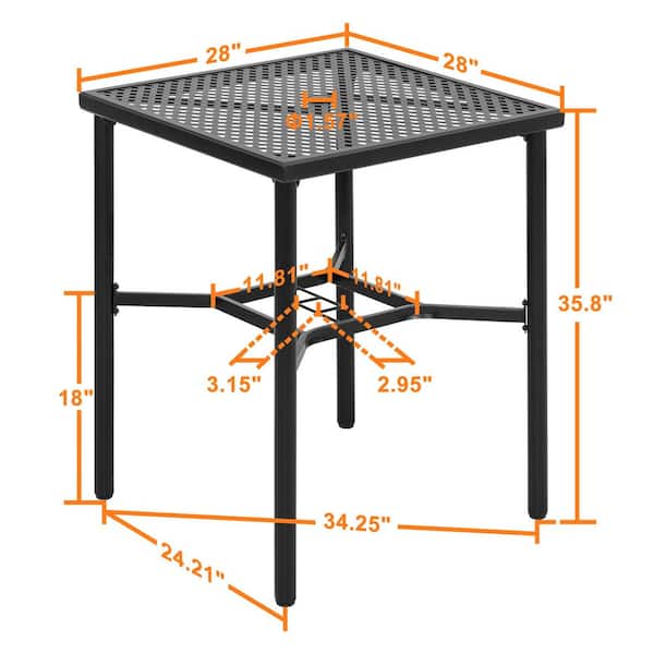 Black Square Metal Bar Height Outdoor Dining Table with 1.57 in. Umbrella Hole and 28 in. Mesh Tabletop