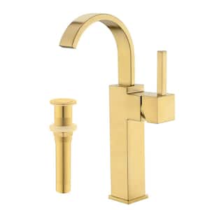 Brass Brushed Gold Vessel Sink Faucet Single Hole high Lavatory Vanity Bowl Faucet with pop up Drain Without Overflow
