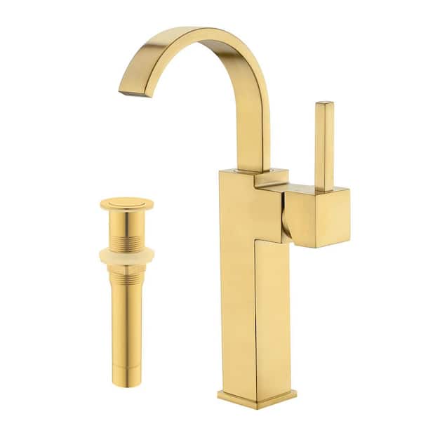 Phiestina Brass Brushed Gold Vessel Sink Faucet Single Hole high Lavatory Vanity Bowl Faucet with pop up Drain Without Overflow