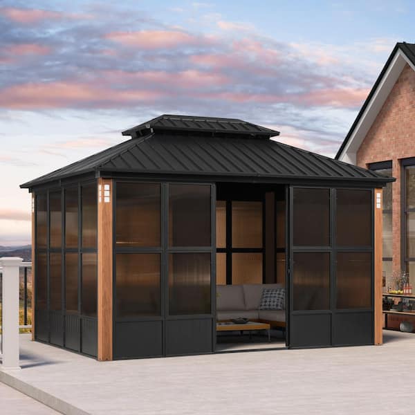 10 ft. x 13 ft. Sunroom Hardtop Gazebo Solarium Galvanized Steel Double Roof Aluminum Screen House Patio Backyard Brown