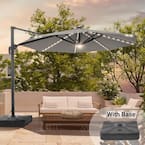 11 ft led round offset patio umbrella arm Sonkuki 11 ft. Round Solar LED Aluminum 360° Rotation Cantilever Offset Outdoor Patio Umbrella with Base in Gray