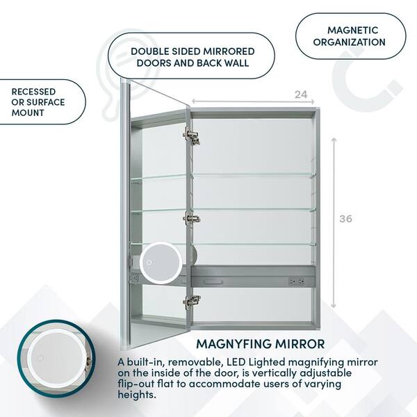 Aquadom Royale 24 in. W x 36 in. H Rectangular Medicine Cabinet with Mirror Defogger, Removable 3X Magnifying Mirror, Left Hinge