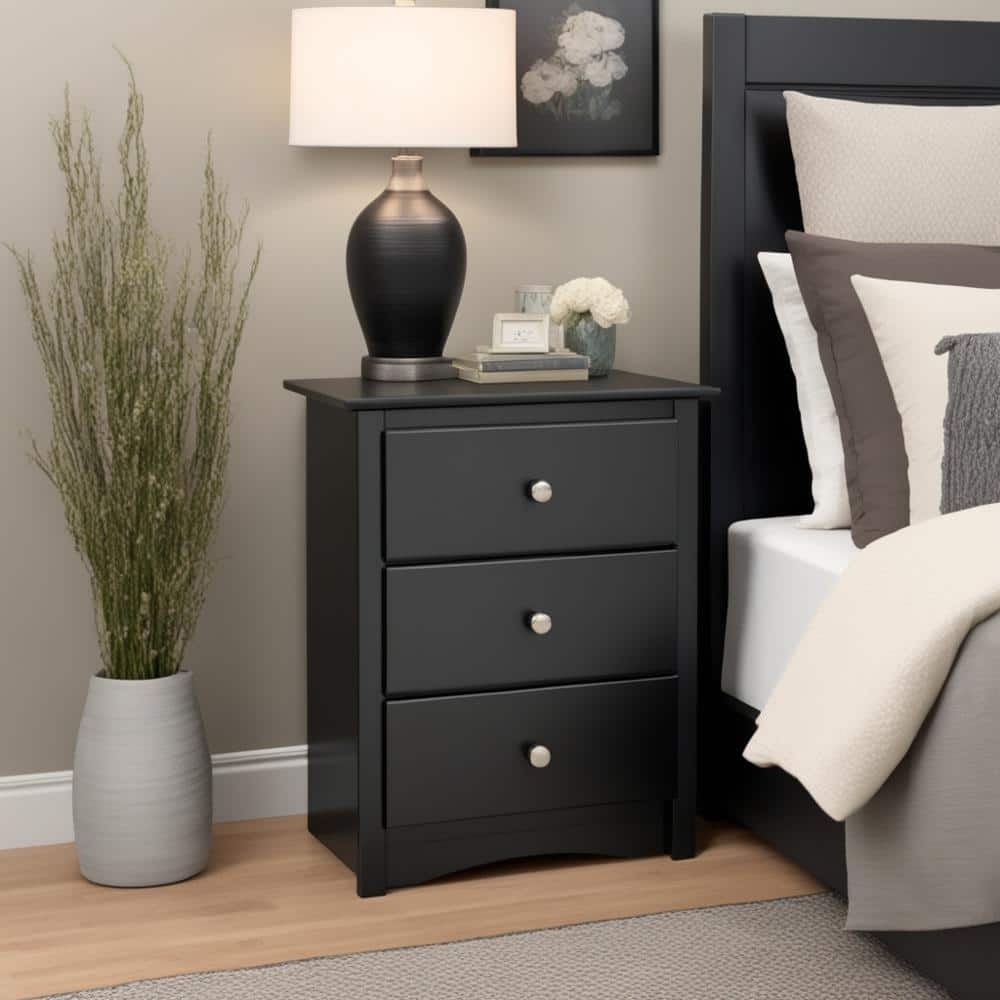 Black 3-Drawer Modern Nightstand with Nickel Knobs