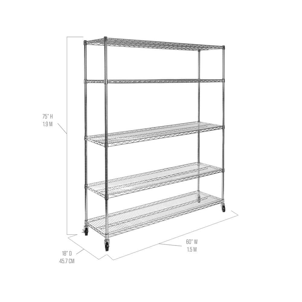 UltraDurable 5-Tier Silver Steel Shelving Unit with Wheels
