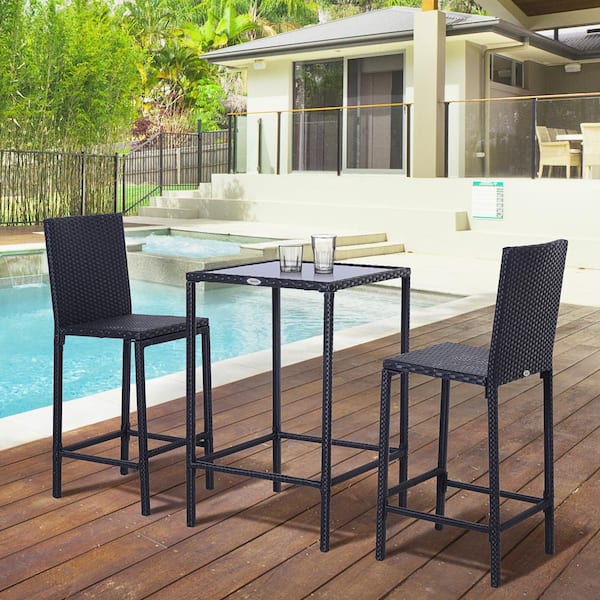 Sudzendf 3-Piece Rattan Bar Set with Glass Top Table, 2 Bar Stools for Outdoor, Patio, Garden, Poolside, Backyard