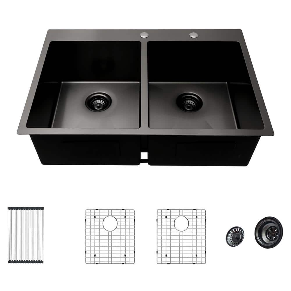 Gunmetal Black 16-Gauge Stainless Steel 33 in. Double Bowl 50/50 Drop-In Topmount Kitchen Sink with Bottom Grid -  Logmey, LMTB3322R2-55