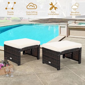White 2-Piece Rattan Patio Ottoman Cushioned Seat Foot Rest Furniture