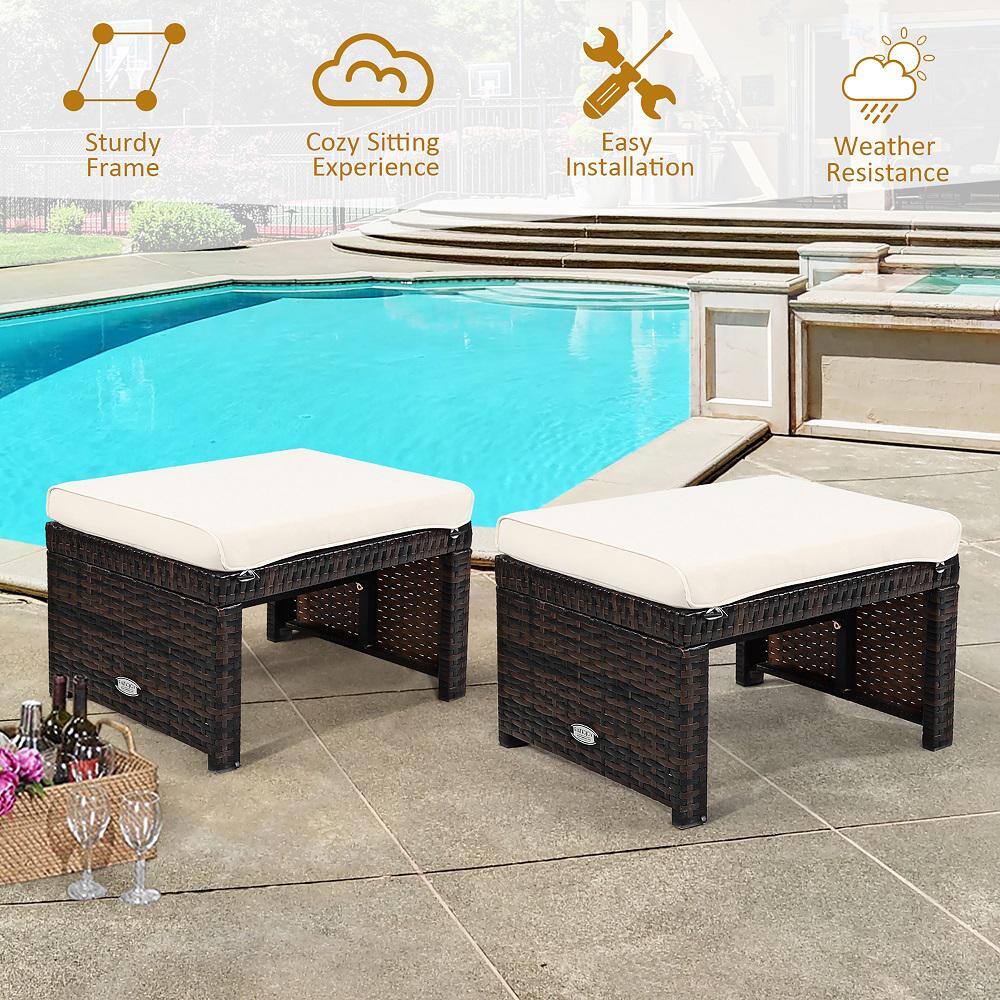 White PE Rattan Outdoor Ottomans with Cushions, Set of 2