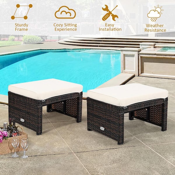 White 2-Piece Rattan Patio Ottoman Cushioned Seat Foot Rest Furniture