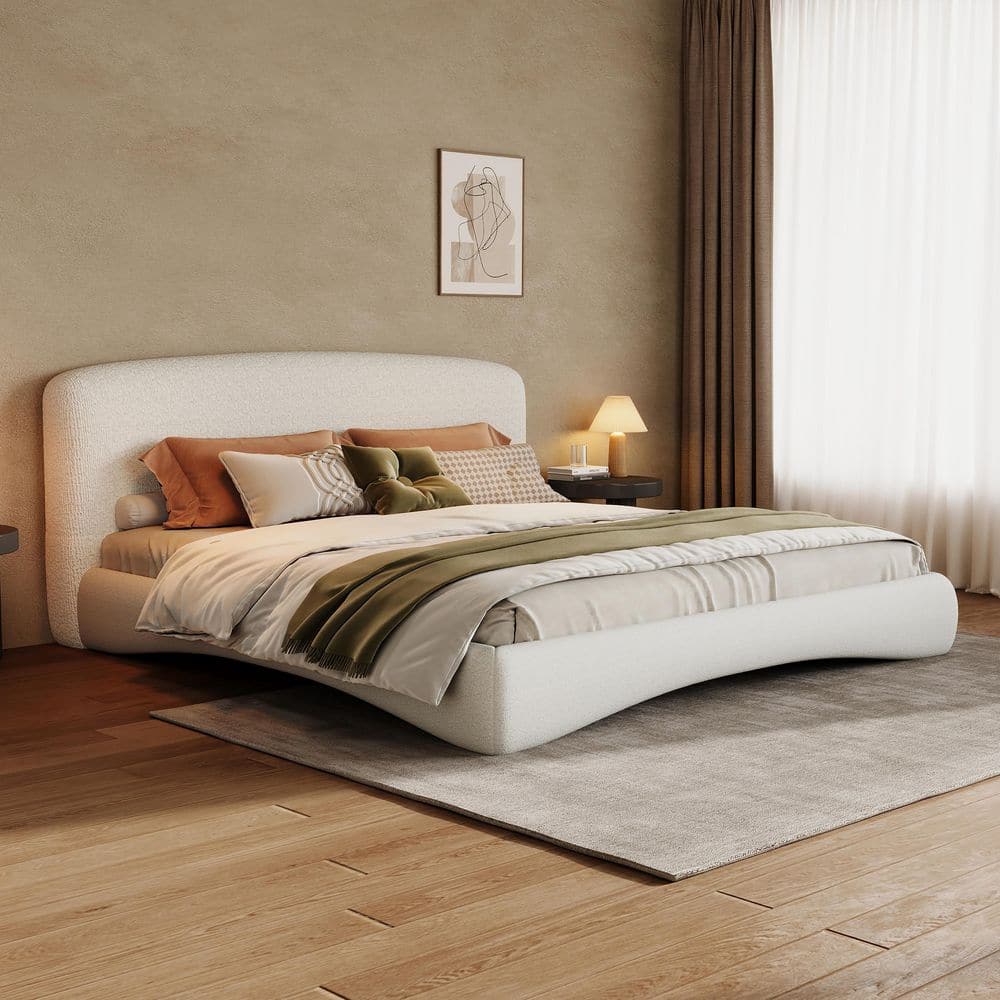Louis Modern Cream Beige Upholstered Boucle Fabric Wood Frame Queen Size Platform Bed with Curved Headboard,LED Lighting