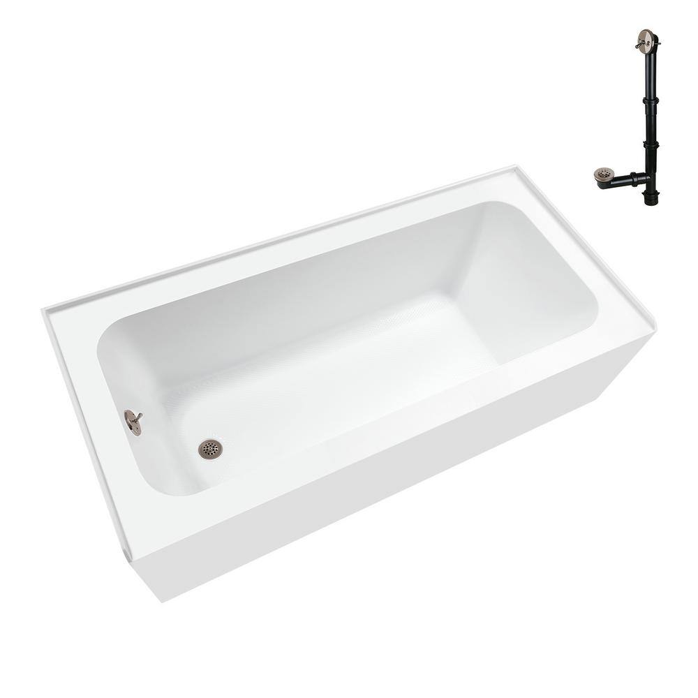 Glossy White Acrylic Rectangular Alcove Bathtub with Brushed Nickel Drain