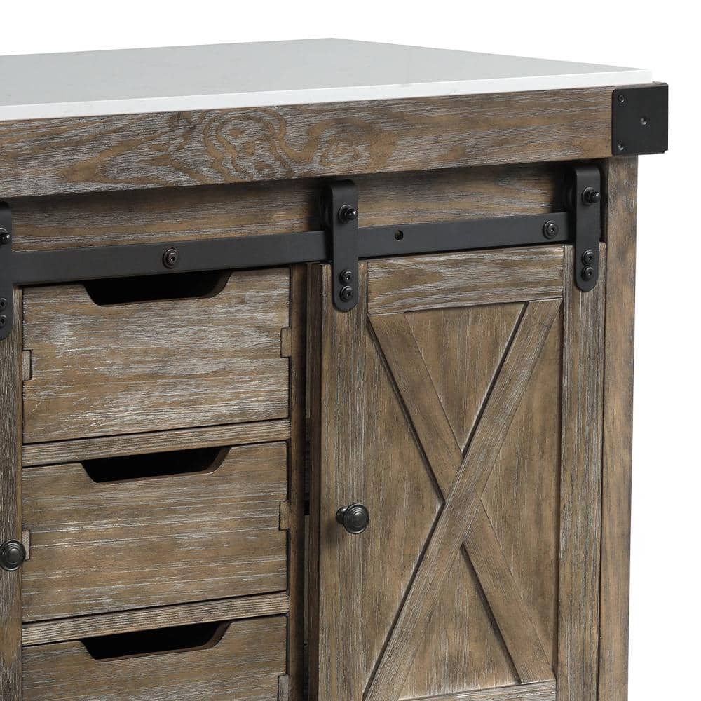 Weathered Gray Pine Kitchen Island with Marble Top
