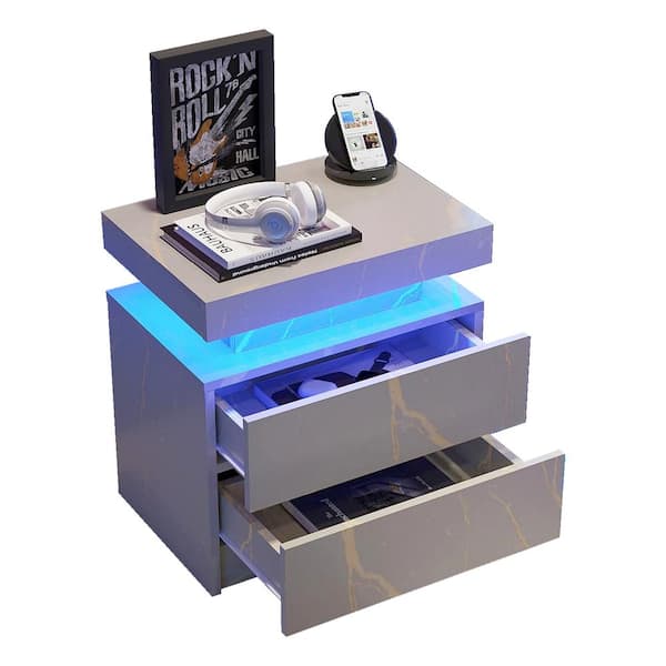 Gray Gold 2-Drawers 19.3 in. W Nightstand with LED