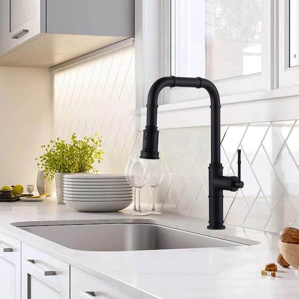 Modern Brass 3-Function Single Handle Pull-Down Sprayer Kitchen Faucet with Deckplate in Matte Black