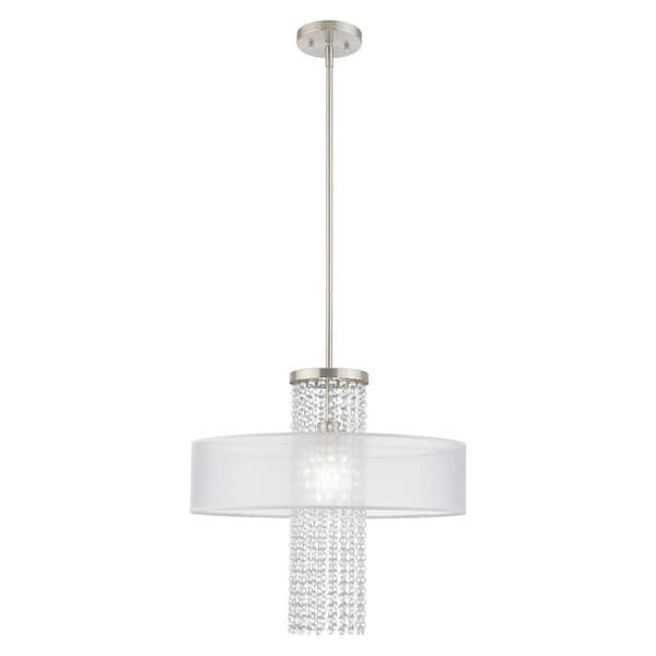 AVIANCE LIGHTING Grovehaven 1-Light Brushed Nickel Pendant Chandelier with Translucent Fabric shand and Clear Crystals