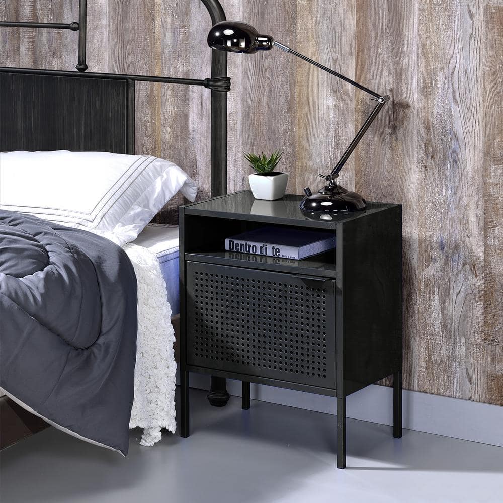 Gemma Black Metal Nightstand with USB Port and Open Shelf