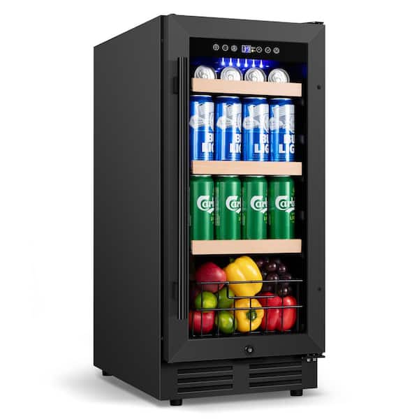 15 in. 145-Cans Single Zone Beverage Fridge with Interior Blue LEDs Built-in Reversible Door Beer Cooler in Black