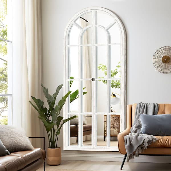 White 31 in. W x 71 in. H Arch Wood Accent Mirror Window Pane Wall Decorative Full Length Mirror