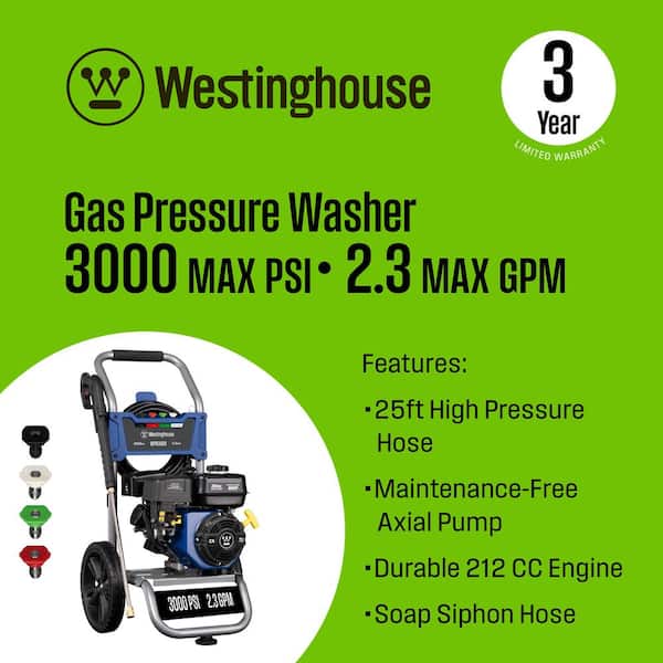 3000 PSI 2.3 GPM Gas Powered Axial Cam Pump Cold Water Pressure Washer with 4 Quick Connect Tips