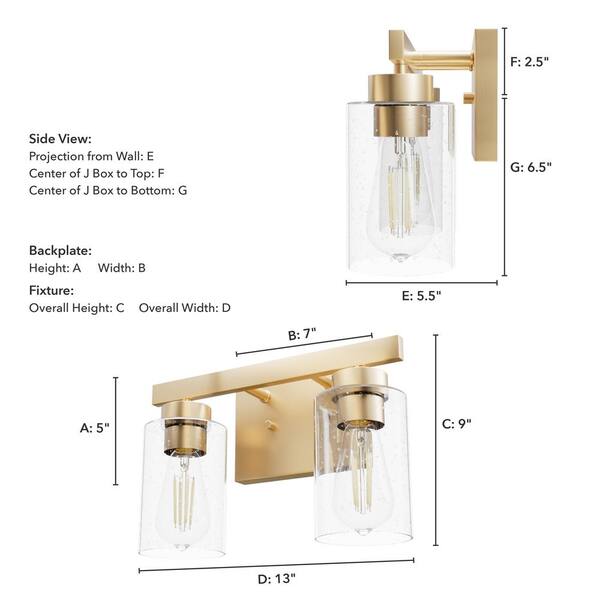 Hunter - Hartland 13 in. 2-Light Alturas Gold Vanity Light with Clear Seeded Glass Shades