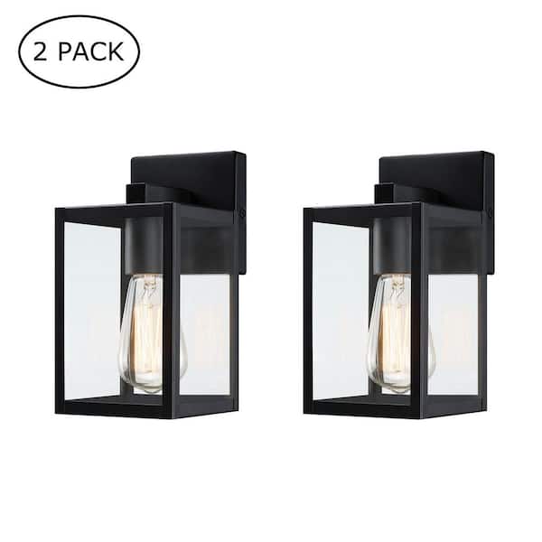 Hukoro Martin 9 in. Black Outdoor Hardwired Wall Lantern Sconce with Clear Glass Shade and No Bulbs Included (2-Pack)