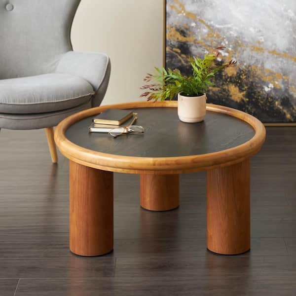 Litton Lane 16 in. x 32 in. Brown Round Wood Handmade Coffee Table with Black Tabletop
