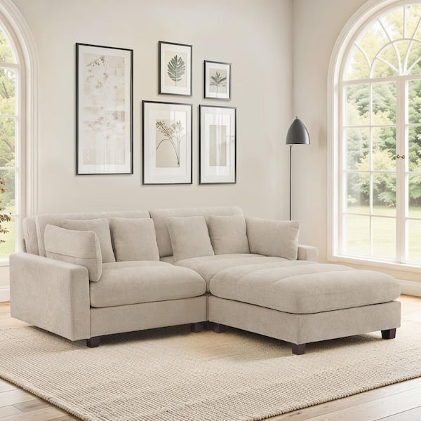OrangeOne Panner 89 in. Square Arm L Shaped 3-Piece Chenille Modern Sectional Sofa in Light Camel with Moveable Ottoman