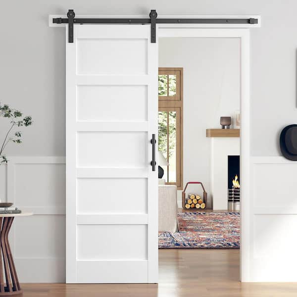 easelife 30 in. x 84 in. 5-Panel Solid MDF White Finished Interior Sliding Barn Door with Hardware Kit