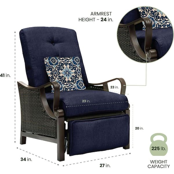 Hanover Ventura All Weather Wicker Reclining Patio Lounge Chair with Navy Blue Cushion VENTURAREC NVY