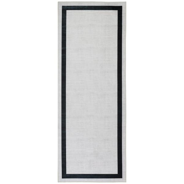 PLAYA RUG Everest Creme Black 2 ft. 8 in. x 8 ft. Machine Washable Geometric Modern Border Polyester Non-Slip Backing Area Rug