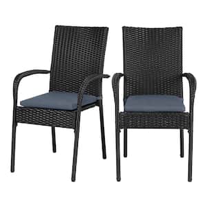 Stationary Black Steel Wicker Outdoor Dining Chair with CushionGuard Sky Blue Cushion (2-Pack)