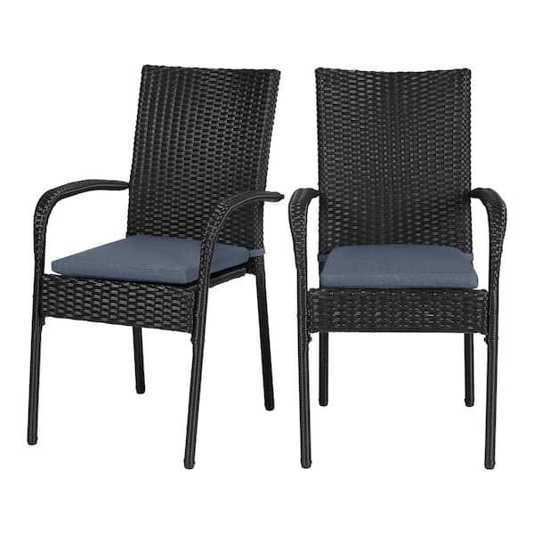Hampton Bay Stationary Black Steel Wicker Outdoor Dining Chair with CushionGuard Sky Blue Cushion (2-Pack)