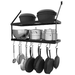 Matte Black 30 in. Wall Mount Rectangular Pot Rack for Kitchen 2-Tier with 12 Hooks