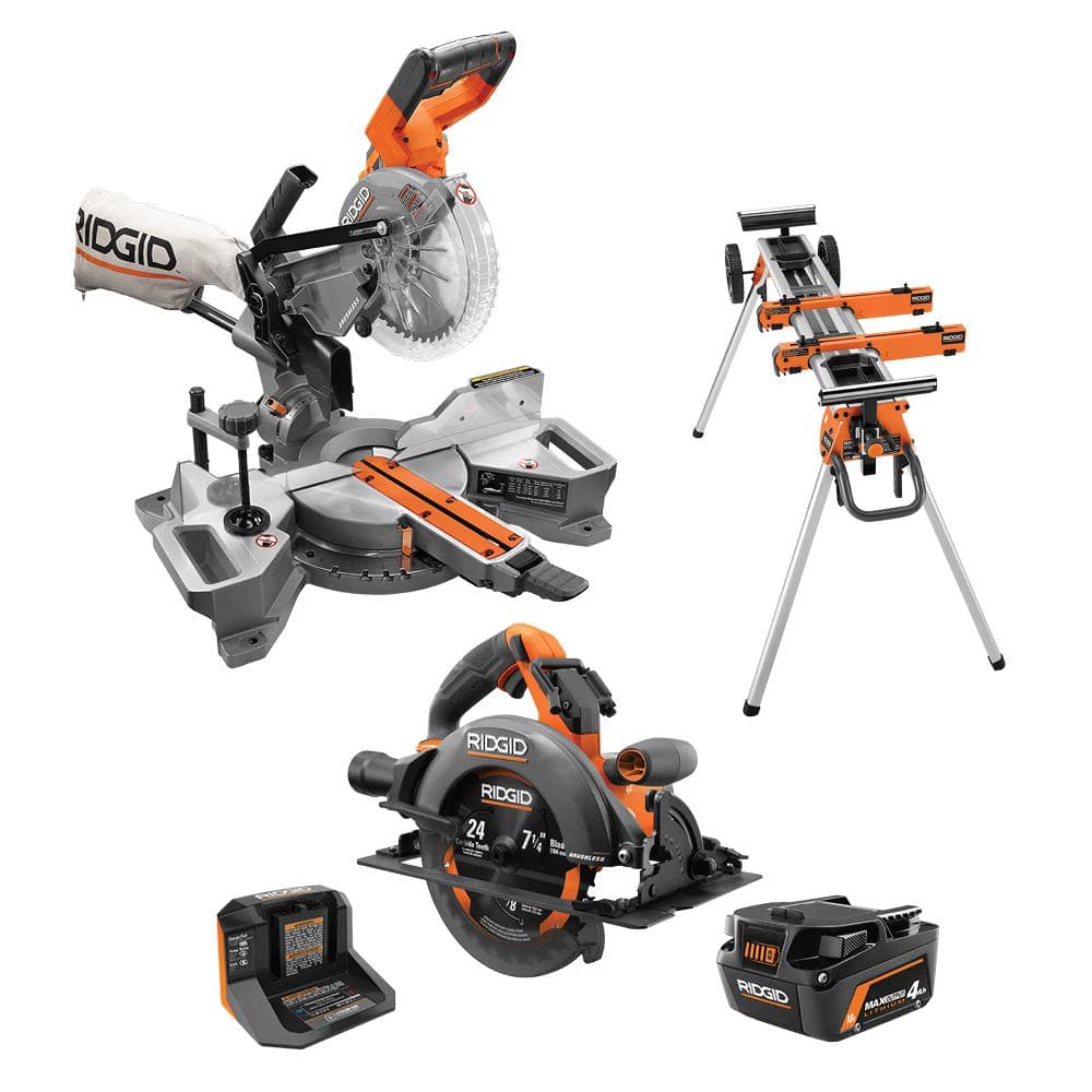 RIDGID 18V Cordless 2-Tool Combo Kit w/ 7-1/4 in. Dual Bevel Sliding Miter Saw, 7-1/4 in Circular Saw, Battery, Charger & Stand -  R48607Bset