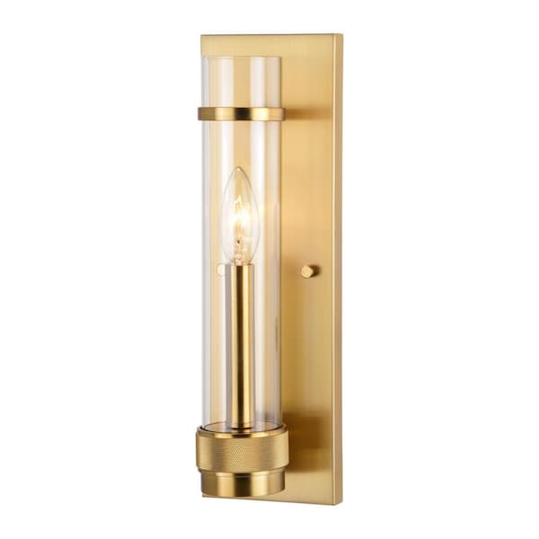 Bari 1-Light Satin Brass Contemporary Wall Sconce with Clear Cylinder Glass