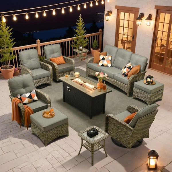 Beverly 10-Piece Wicker Patio Conversation Sofa Swivel Chairs Set with Metal Fire Pit Table and Dark Gray Cushions