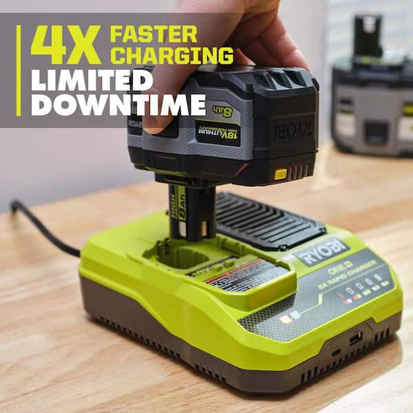 RYOBI ONE+ 18V 8A Rapid Charger with 6.0 Ah HIGH PERFORMANCE Battery (2-Pack)