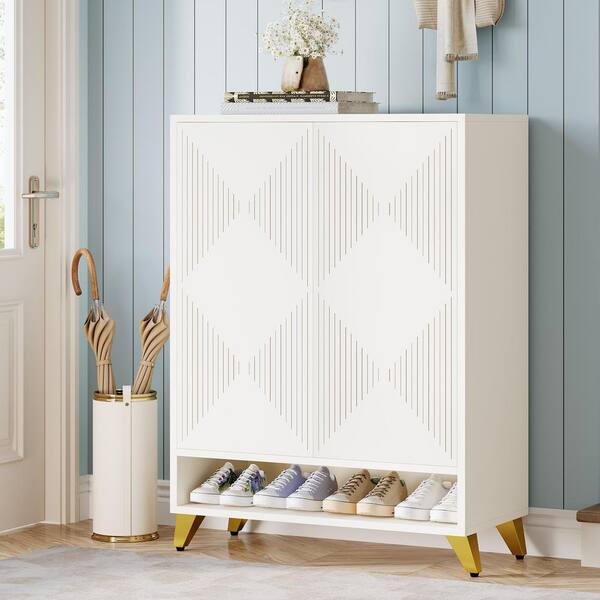 BYBLIGHT Lauren 46 in. H x 32 in. W White Wood Shoe Storage Cabinet with Adjustable Shelves, 6-Tier Wooden Shoe Organizer Cabinet